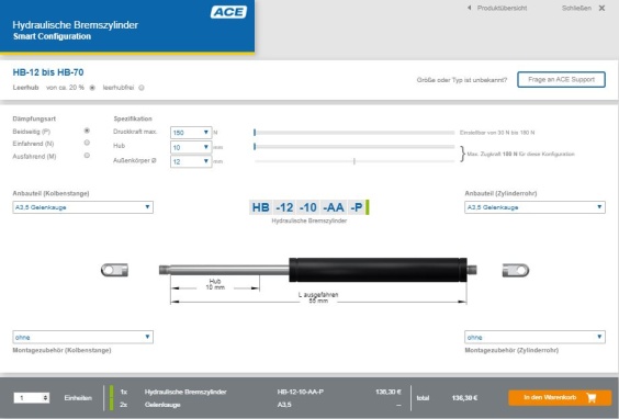 Unter www.ace-ace.de/de/berechnungen/bremszylinder-konfigurator.html können Anwender nun rund um die Uhr ACE Ölbremsen und hydraulische Bremszylinder online konfigurieren und im ACE Online-Shop bestellen