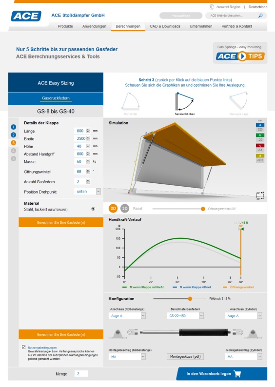 Unter www.ace-ace.de im Untermenü ‚Berechnungen’ lassen sich Industriegasfedern in kurzer Zeit berechnen, auslegen und bestellen