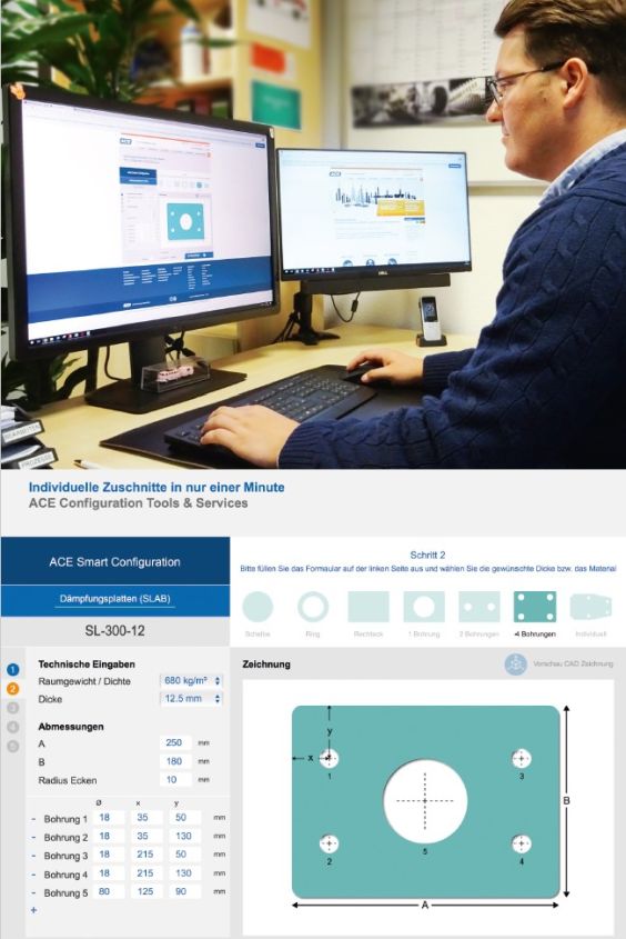Mit den SLAB-Konfiguratoren stellt ACE ideale Arbeitshilfen für Auswahl und Zuschnitt Schwingungen isolierender und Stöße dämpfender Platten online unter diesem Link zur Verfügung: www.ace-ace.de/de/berechnungen/isolationsmatten-konfigurator-online.html.